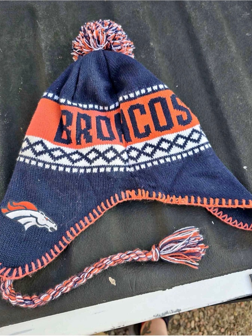 Denver Broncos NFL Knit Pom Beanie Hat Ear Flaps Tassels Navy Orange